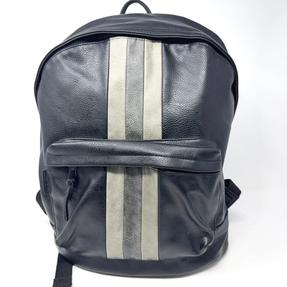 James Campbell Faux Leather Racing Stripe Backpack Padded Travel Bag Varsity